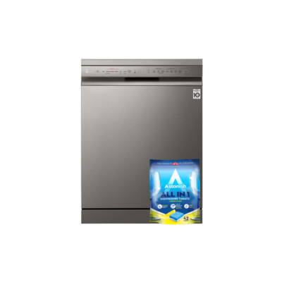 LG New QuadWash Steam Dishwasher, Inverter Direct Drive, Easy Rack plus, Platinum Silver Color + Free Washing Machine Tablets
